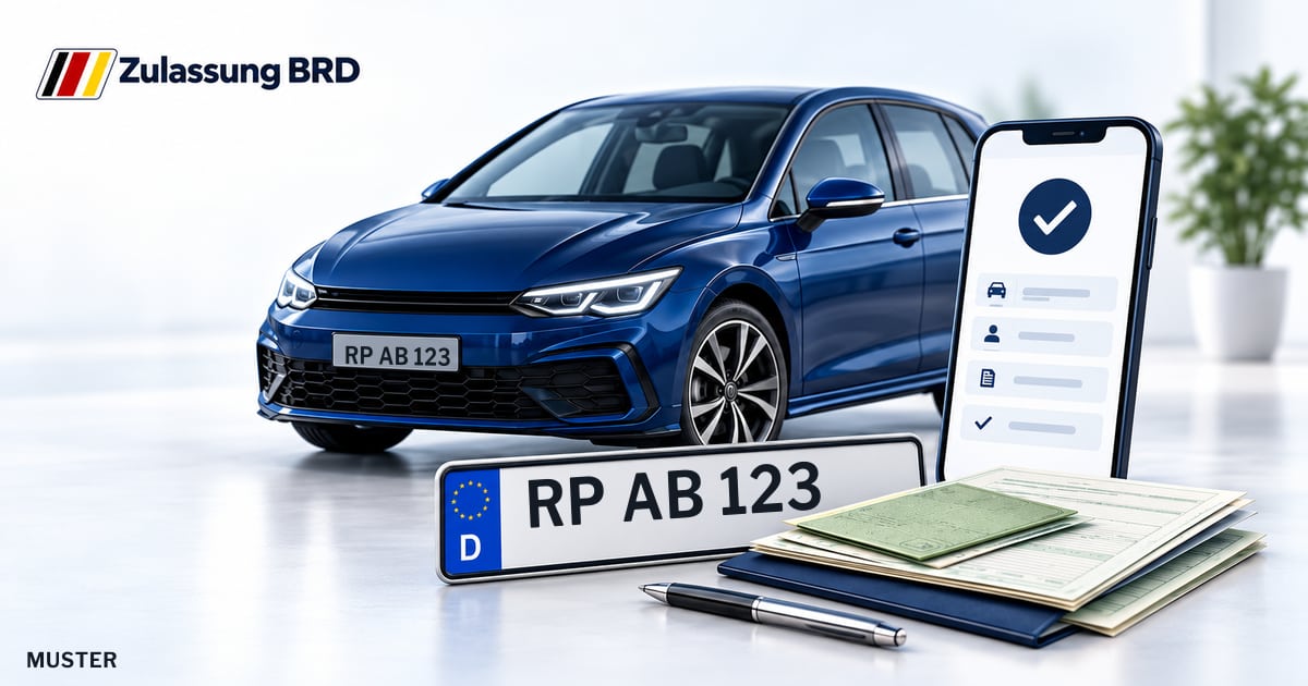 Online Fahrzeugzulassung in Limburgerhof: Musterkennzeichen RP AB 123, Auto und Fahrzeugpapiere und Smartphone. Illustration mit Logo von Zulassung BRD.
